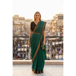 Emerald Green Printed Saree with Contrasting Black Blouse